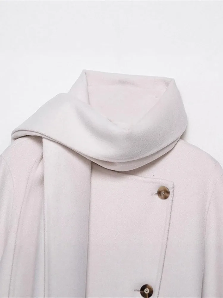 Chic Scarf One Button Women's Woolen Overcoat Elegant Full Sleeve Oversize Female Coat 2025 Autumn Winter Fashion Lady Outwears - 3