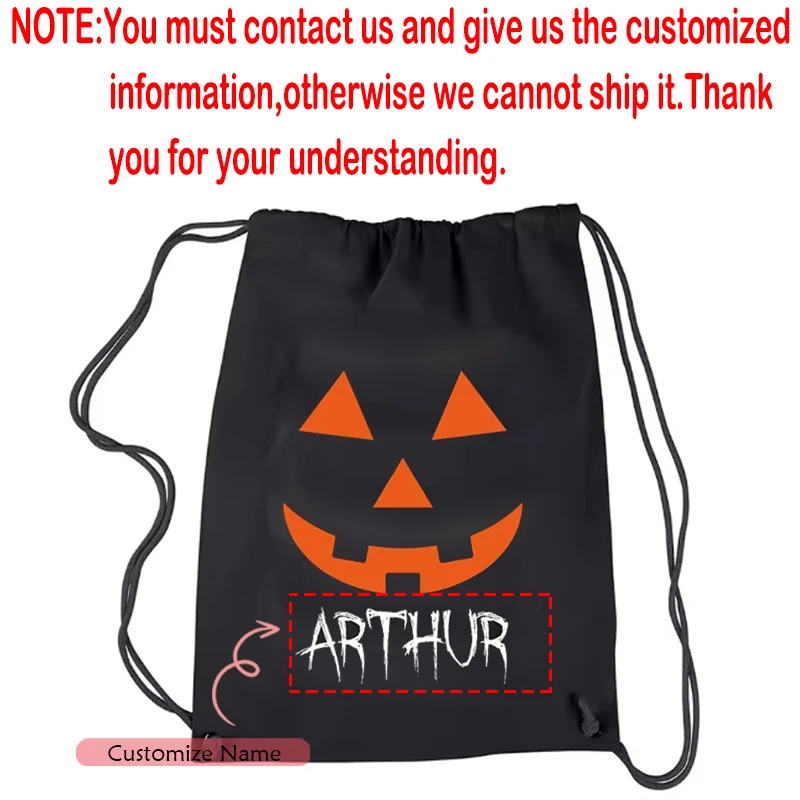 Personalisierter Name Schwarz Einzigartige Halloween Party Kordelzug Geschenktüte Benutzerdefinierte gruselige Kürbis Gesicht Süßigkeiten Rucksack Festival Dekoration – Detail 10
