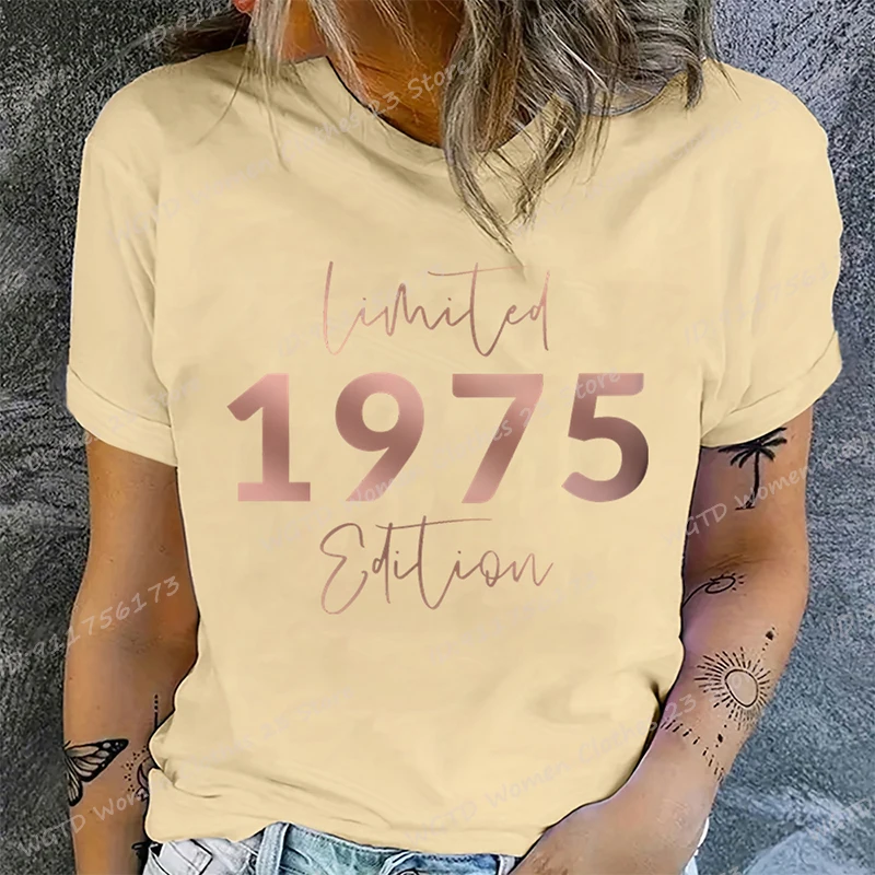 Limited Edition 1975 Vintage 70th Birthday Letter Print T-Shirts, Women's Casual Short Sleeve Crew Neck Top for Summer & Spring 4