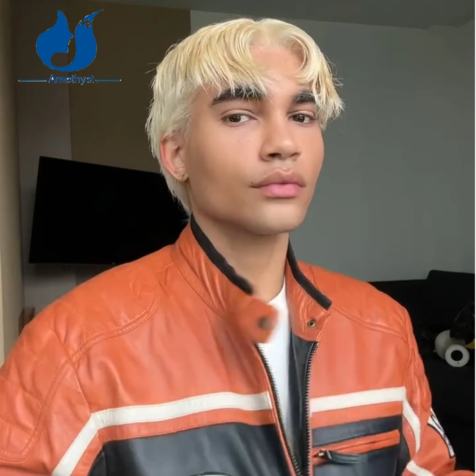 Amethyst Men's 613 Blonde Short Pixie Cut Bob Wig Pre-Plucked Full Lace Wig Brazilian Remy Human Hair Straight 150% Density