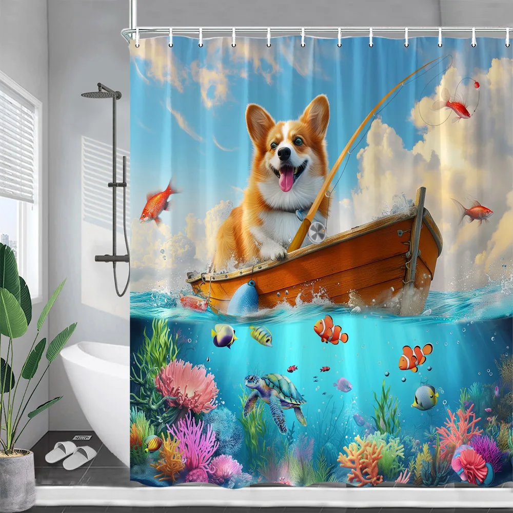 

Funny Corgi Dog Shower Curtain Cute Animal Fishing Sea Turtle Tropical Fish Coral Ocean Scenery Bath Curtains Bathroom Decor Set