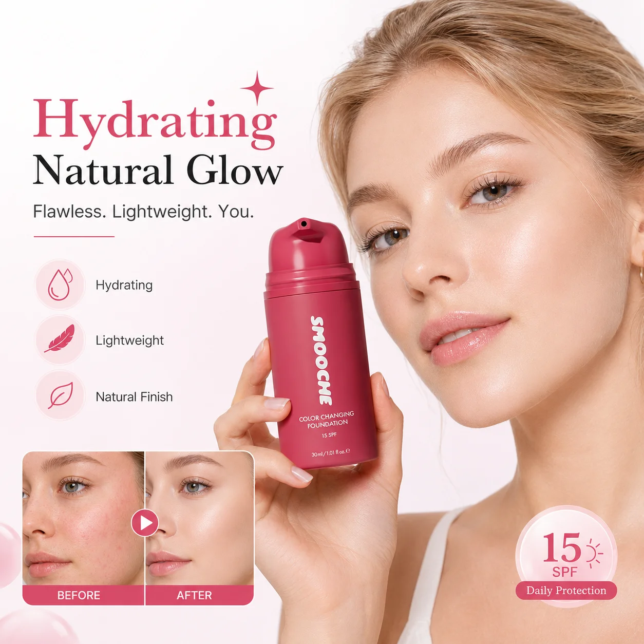 Fondotinta Adattivo al Tono della Pelle Smooche 30ml SPF15, Trucco Liquido che Cambia Colore, Leggero, Lunga Durata, Finitura Naturale