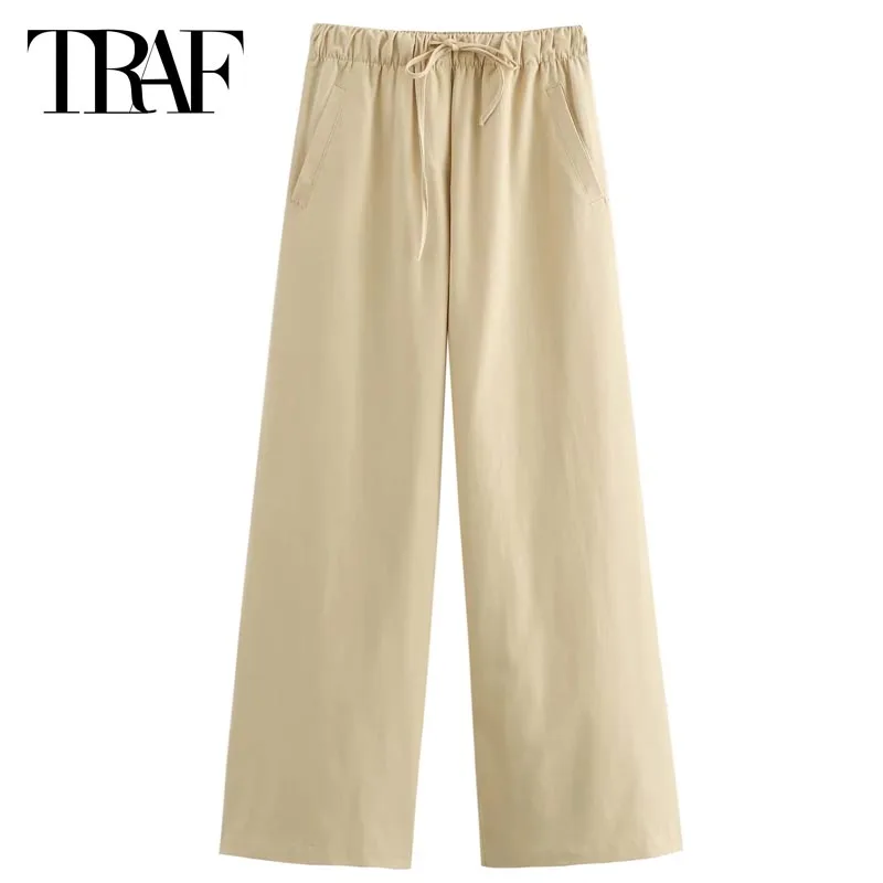 

TRAF High Waist Wide Leg Pant Women's Pants Summer 2024 Fashion Solid Lace-Up Long Trousers Elegant Casual All-Match Street Pant