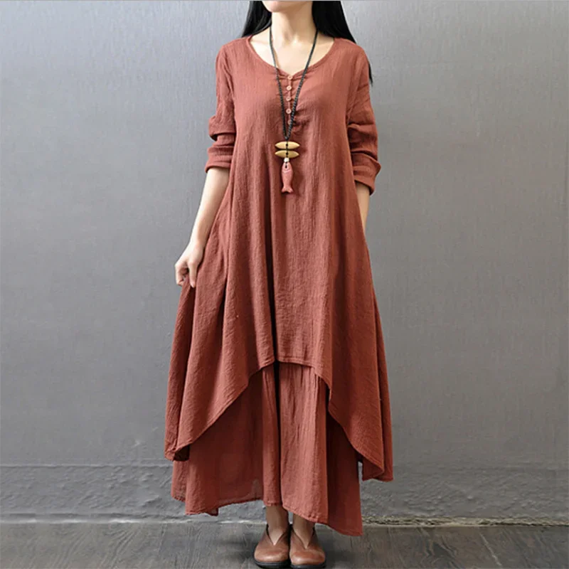 

Spring 2022 New Oversized Literature Art Vintage Fake Two Piece Cotton Linen Dress Women Long Sleeve Loose Casual Dresses Robes