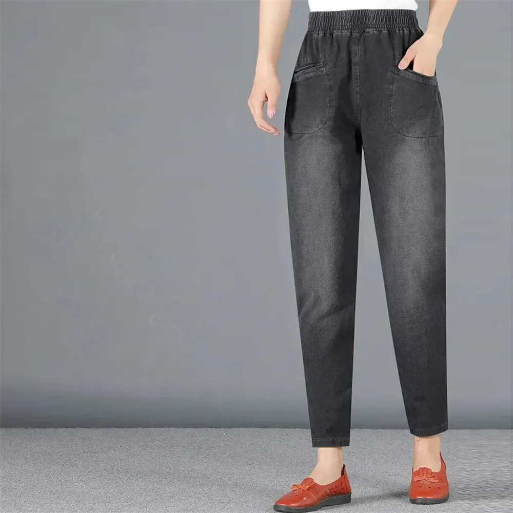 

Vintage Loose Harem Denim Pants Women Solid Elastic High Waist Mom Jeans Plus Size Spring Fall Pocket Casual Simple Pants