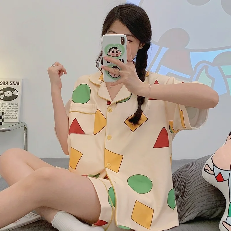 Crayon Same Style Pajamas For Women's Summer Cotton Short Sleeve Shorts Ins Style Cartoon Cute Home Suit Two Piece Pyjamas Sets