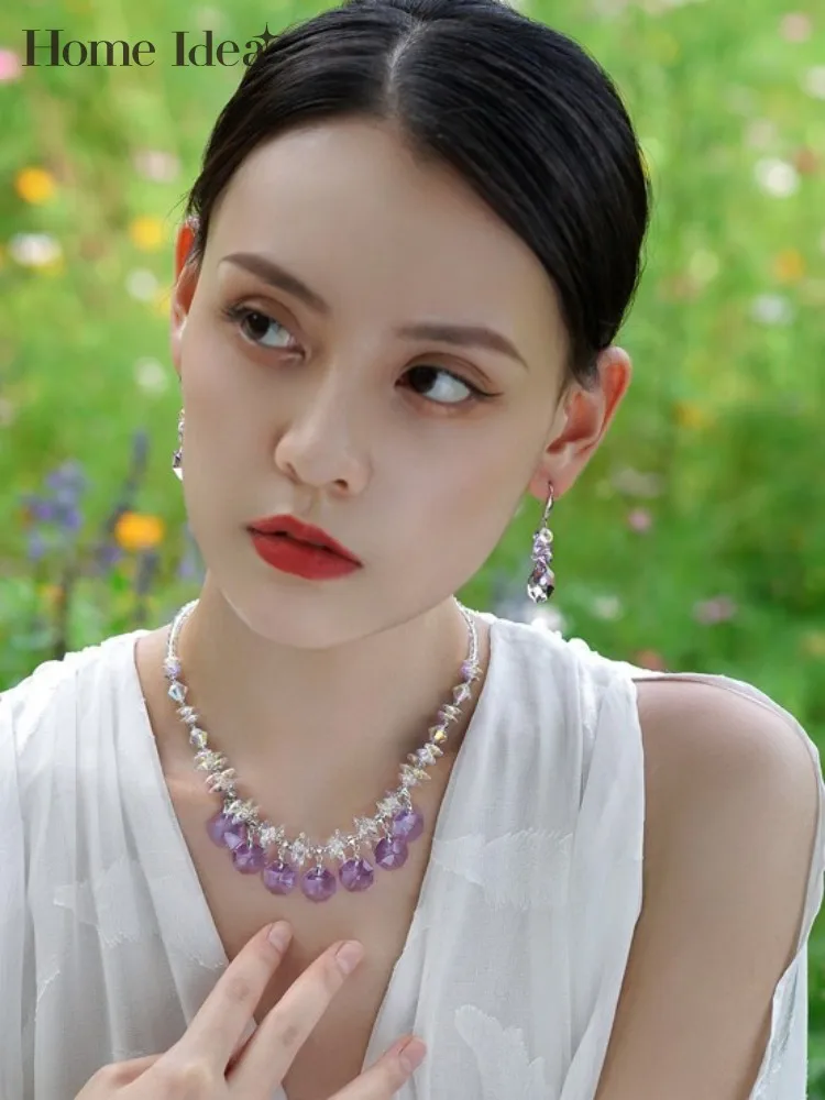 

Ladies Shiny Crystal Tassels Pendant Collar Necklace 925 Sterling Silver Party Fine Jewelry Luxury Necklaces