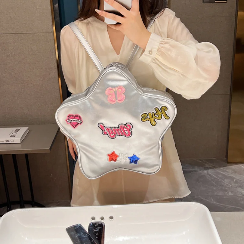 

Fashion Star Silver Backpacks for Women Pentagram Shape Cute Harajuku Students Backpack Pu Leather Personalized Ladies Bag