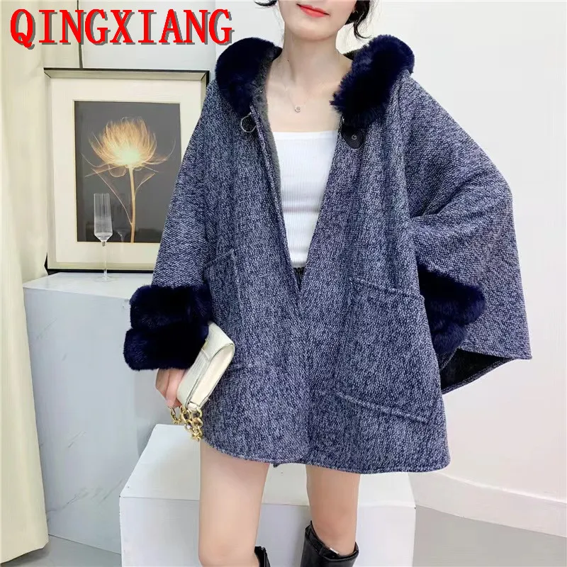 5 Colors 2022 Women Winter Faux Rabbit Fur Loose Poncho Big Pendulum Cape Pocket Oversize Cloak Velvet Streetwear Coat With Hat