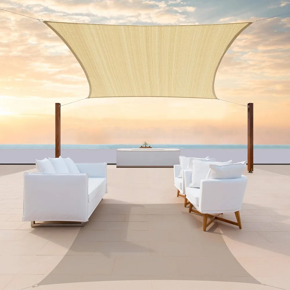 

14' x 20' Beige Sun Shade Sail Rectangle Canopy Fabric Cloth Screen, Water Permeable & UV Block UPF50 Heavy Duty, Carport Patio