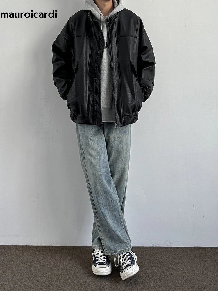 

Mauroicardi Весна Осень Прохладная Красивая Жесткая Черная Искусственная Кожаная Куртка Мужчины С Молнией Роскошный Дизайнер Американский Винтаж Верхняя Одежда Мужчины 2024 кожаная куртка мужская