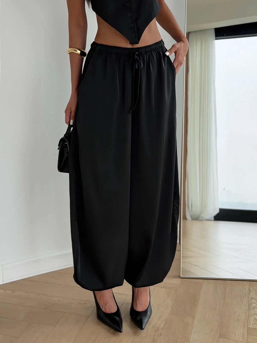 2026 Summer Women Harem Pants High Waist Drawstring Loose Wide Leg Trousers Green Casual Beach Vacation Outfit