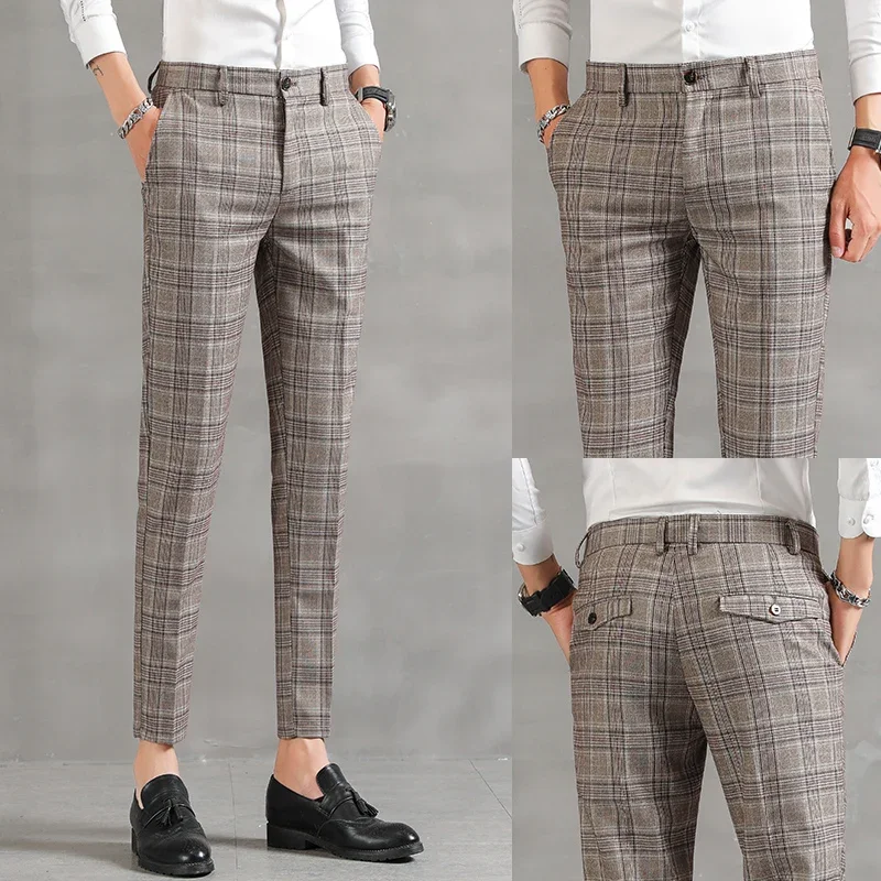 Men Dress Pants British Plaid Business Casual Slim Fit Ankle Length Pantalon Classic Vintage Check Suit Trousers Wedding