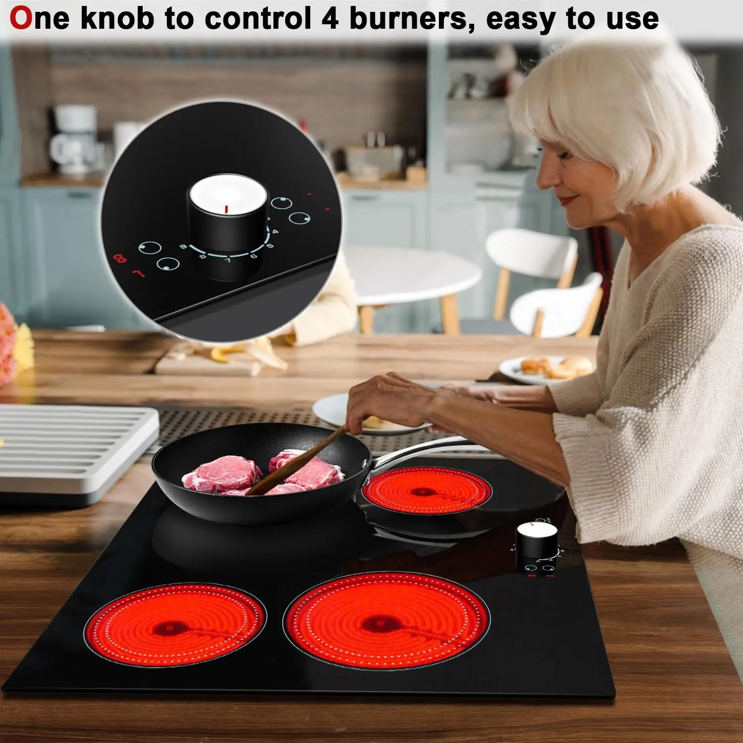 Karinear 24 Inch Electric Cooktop 4 Burners Ceramic Stove Top, 220-240v Built-in 60cm, Knob Control, 9 Power Levels, No Plug
