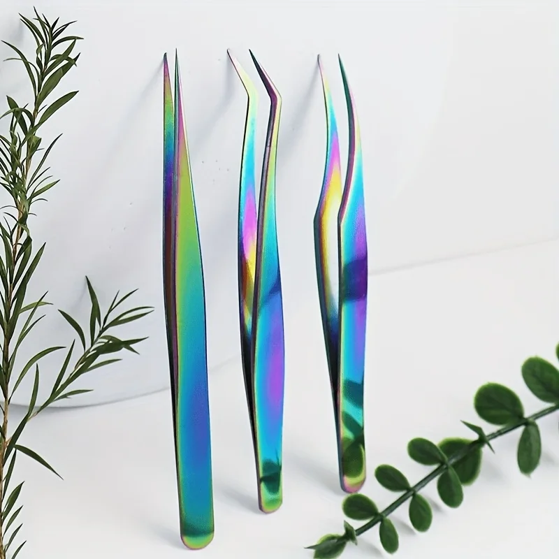 3피스 스테인레스 스틸 핀셋 세트 - 속눈썹 연장용 무향 정전기 방지 정밀 핀셋..