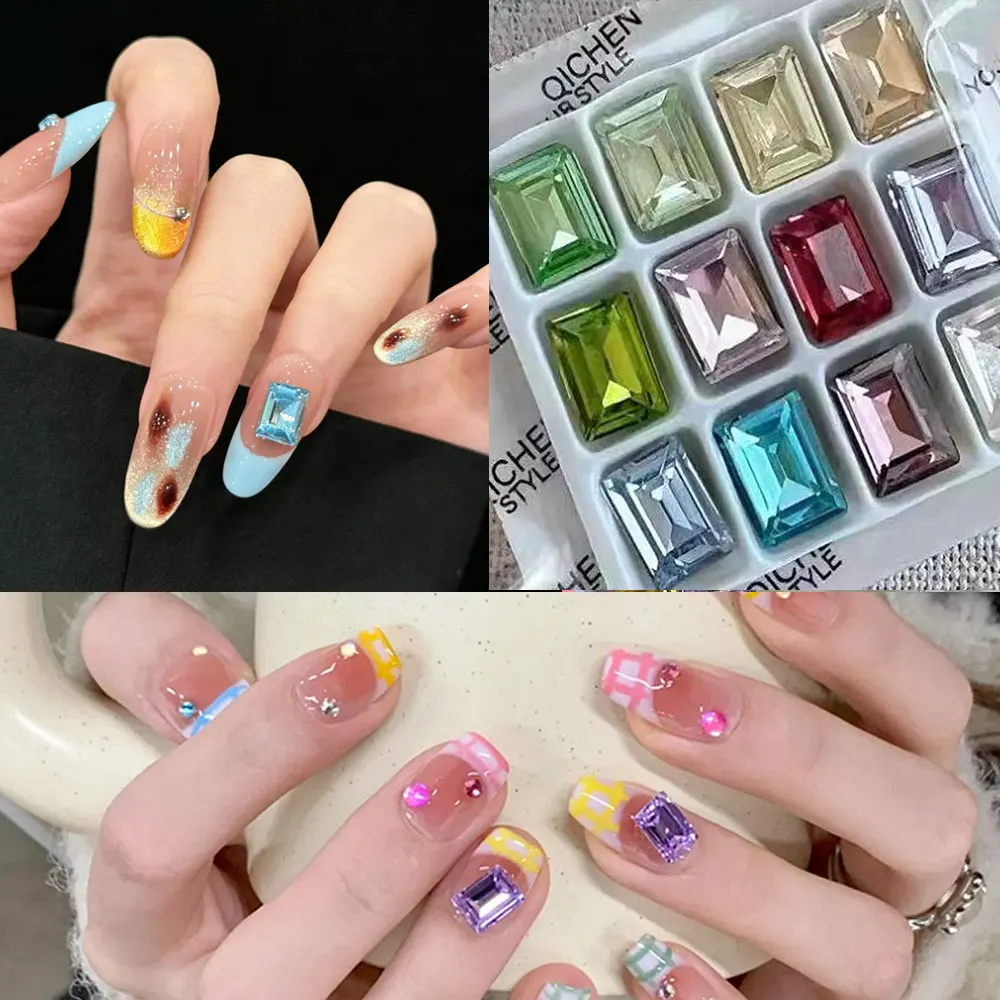 50개 고급 6x8mm 사각 설탕 큐브 네일 다이아몬드 멀티 컬러 투명 크리스탈 네일 라인스톤 반짝이 네일 젬 장식
