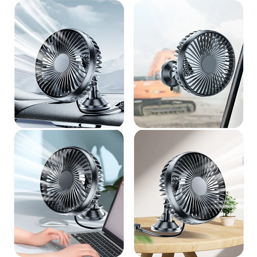 USB Single Head Car Fan 12V/24V with Suction Cup Windshield Desk Fan 360 Degree All-Round Auto Cooler for Vehicle Home Office