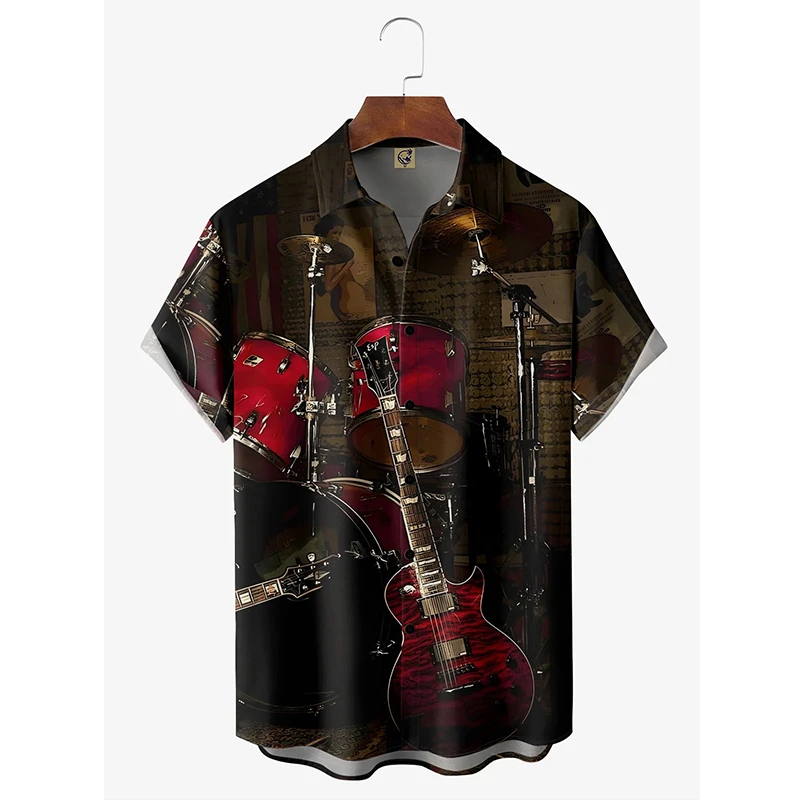 Hawaii Beach Shirt Men's Quick Dry Summer Short Sleeve Guitar Print Harajuku Casual Blouse Street Korean Clothes 2024 Camisa 4XL 4