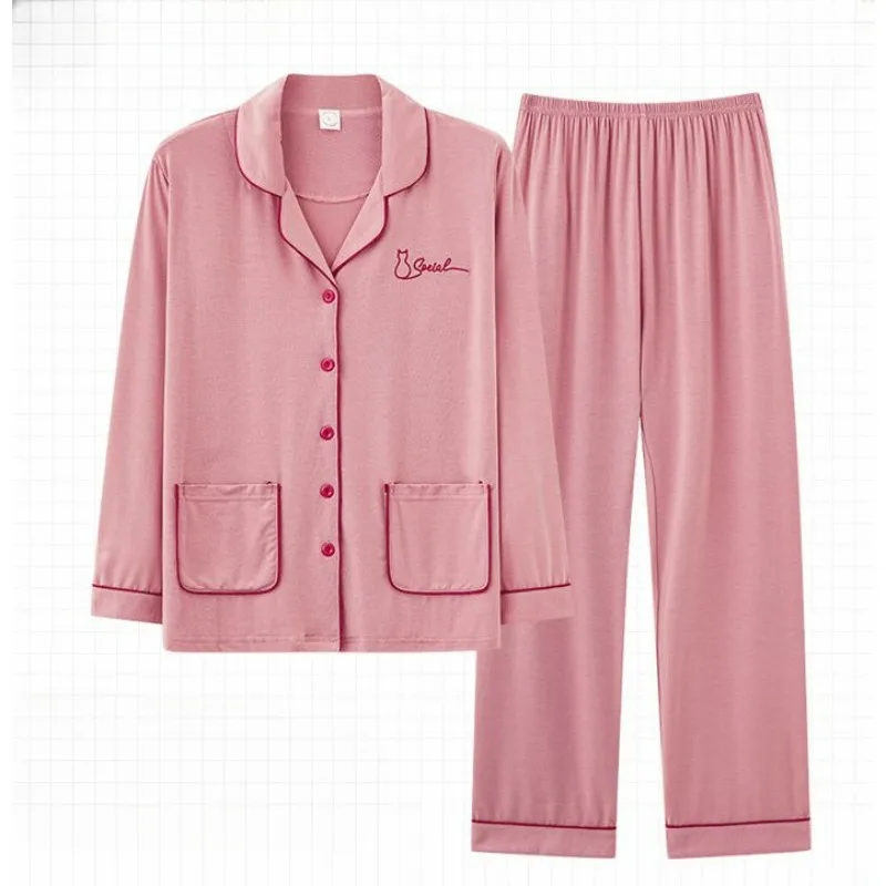 Modal Pajamas Spring Autumn Middle-Aged Mom Long Sleeve Loose Large Size Homewear Women Casual Simple Solid Color Sleepwear Suit