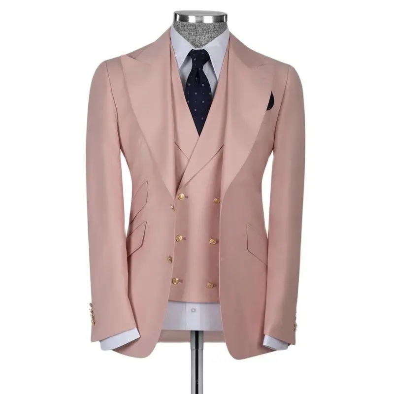 

Men Suits Slim Fit 3 Piece Pink Single Breasted Diagonal Pocket Suits For Wedding Male Blazer Sets Vest Pants Plus Size Clothing