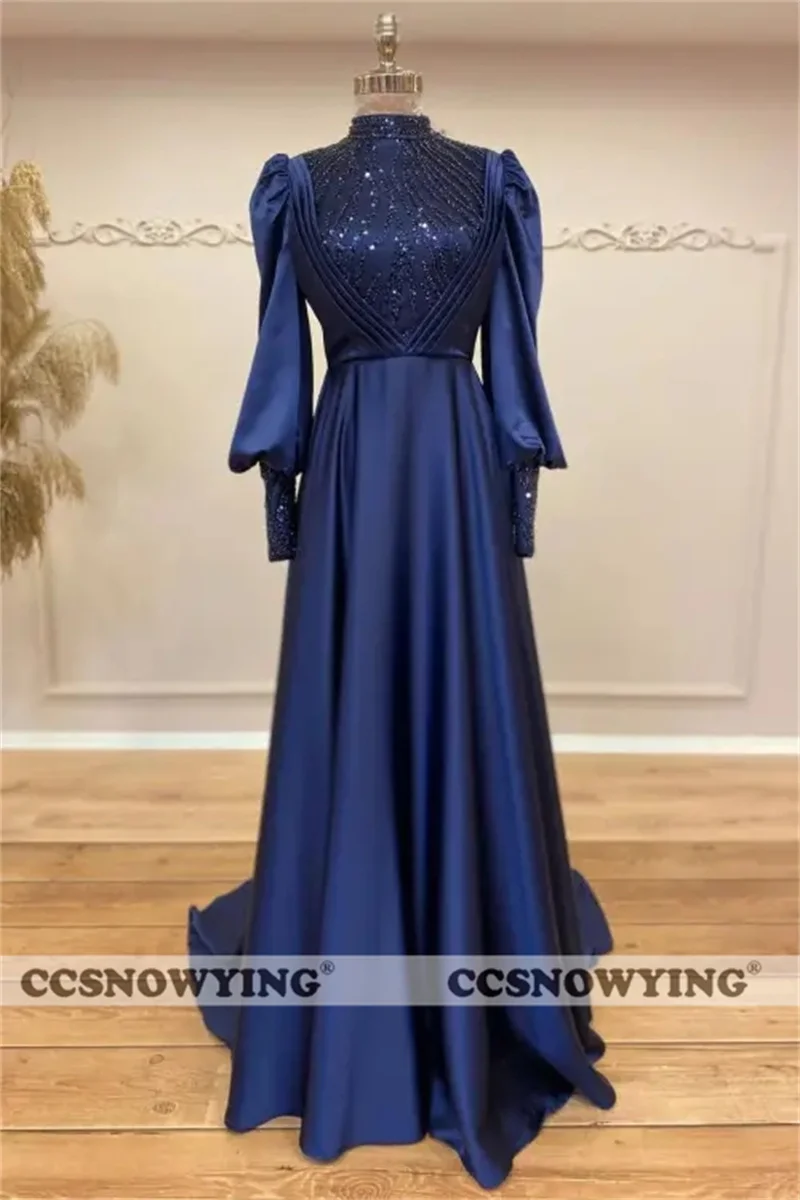 

Muslim Satin Beaded Hijab Evening Dresses Islamic Long Sleeve Formal Party Gown Prom Dress Women Arabic Dubai Robes De Soirée