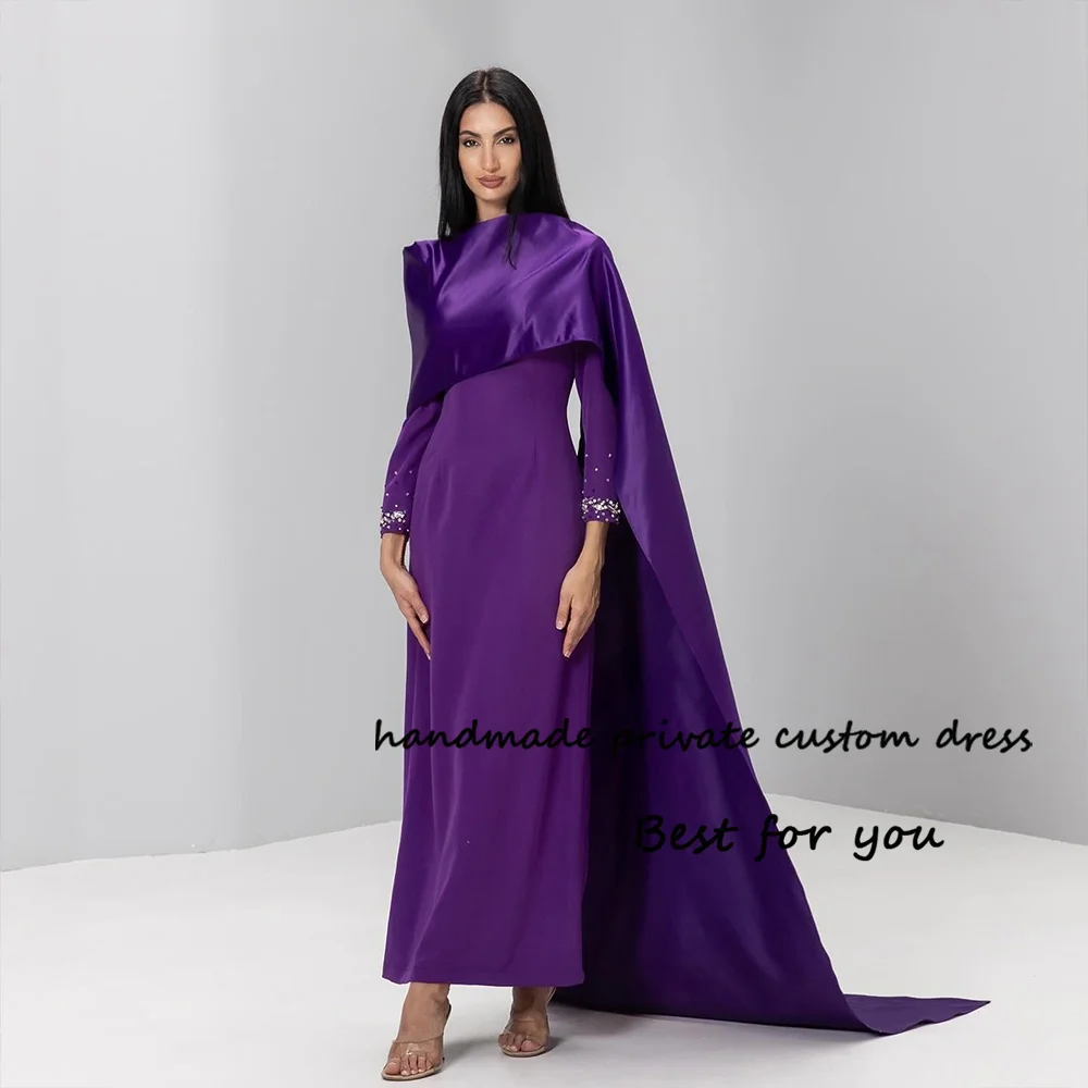 

Purple Mermaid Evening Prom Dresses Long Sleeve Beaded Satin Formal Dress with Cape Arabic Dubai Evening Party Gown Floor Length