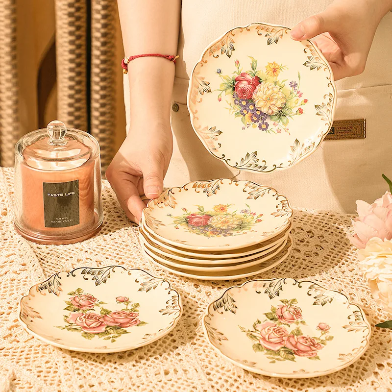 Beige Rose Painted Ceramic Plates Soup Bowls Rice Bowls Dessert Plates Dishes Kitchen Utensils Restaurant Service Boards