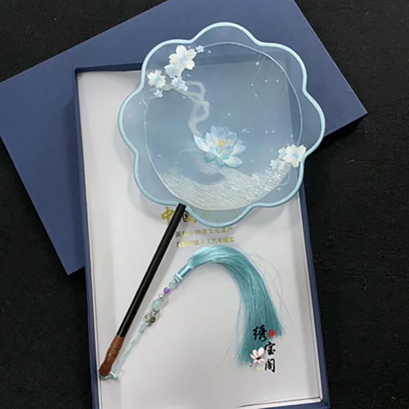 Chinese Suzhou Double-sided Embroidery Hand Held Fan, Ancient Dance, Translucent Silk, Round Circular Fan with Tassel, Chinese H