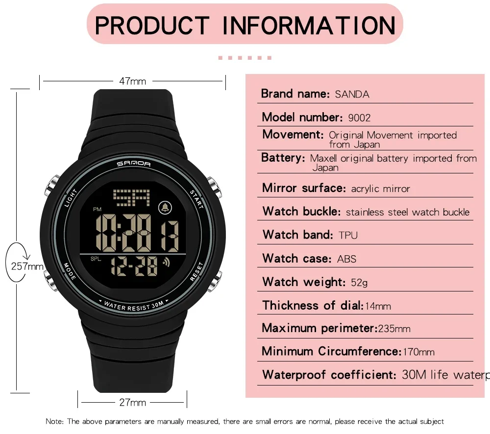 SANDA NEW Fashion Brand Sports Women Watches Fashion Casual Waterproof LED Digital Watch Female Wristwatches Women Clock 9002