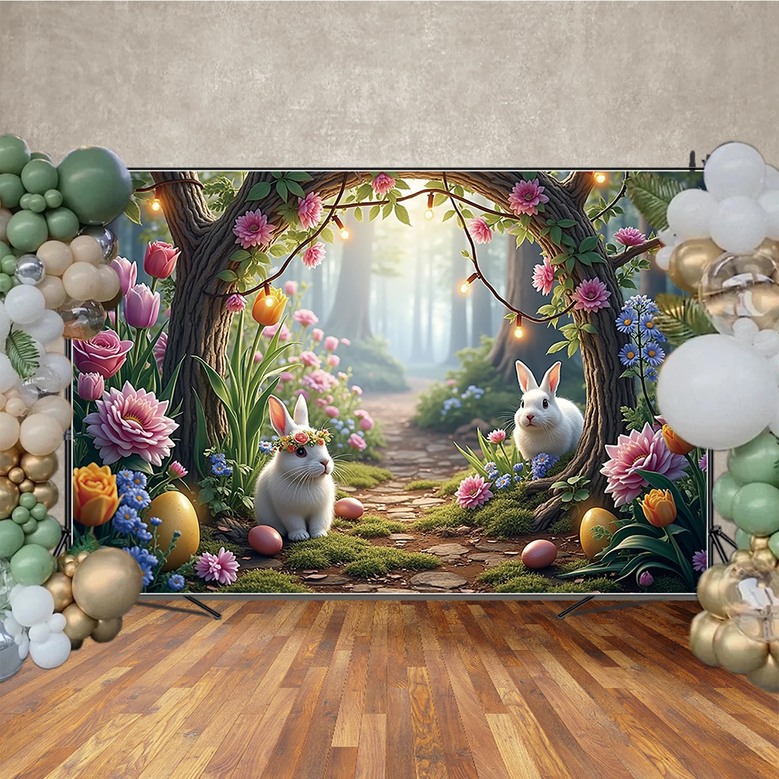 Garden Easter Background Photography Rabbit Bunny Doll House Flower Garland Wreath Backdrop Wooden Wall Studio Photozone