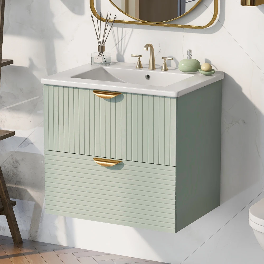 Modern 24 Inch Wall-Mounted Bathroom vanity with 2 Drawers, White - Ideal for Small Bathrooms 4