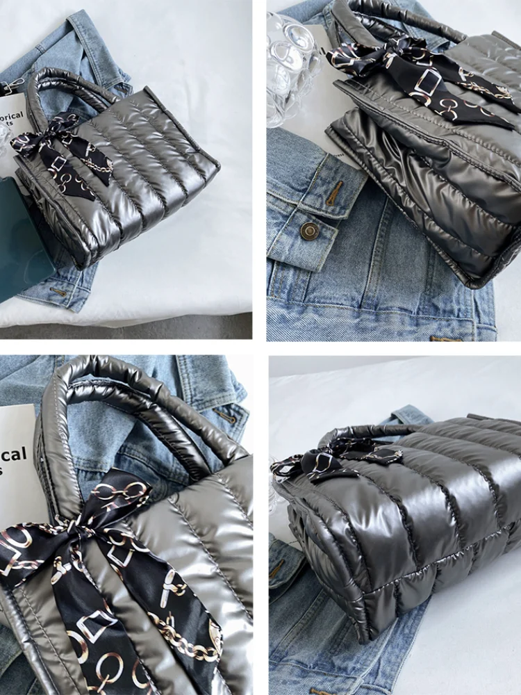Elegant Women's Totes Bag with Silk Scarf Accent Quilted Crossbody Bags for Women Casual Solid Color Padded Women's Shoulder Bag - 5