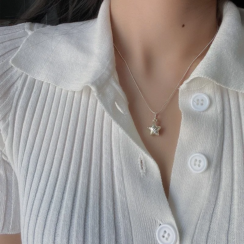 Silver Color Simple Fashion Brushed Star Shape Necklace for Women Elegant Adorable Sweater Necklace Party Jewelry Gifts