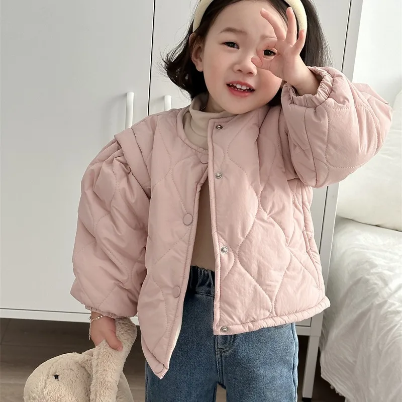 Girls Coat Winter New Childrens Wear Korean Baby Girl Foreign Cute Solid Color Plus Fleece Cotton Jacket Casual Simple