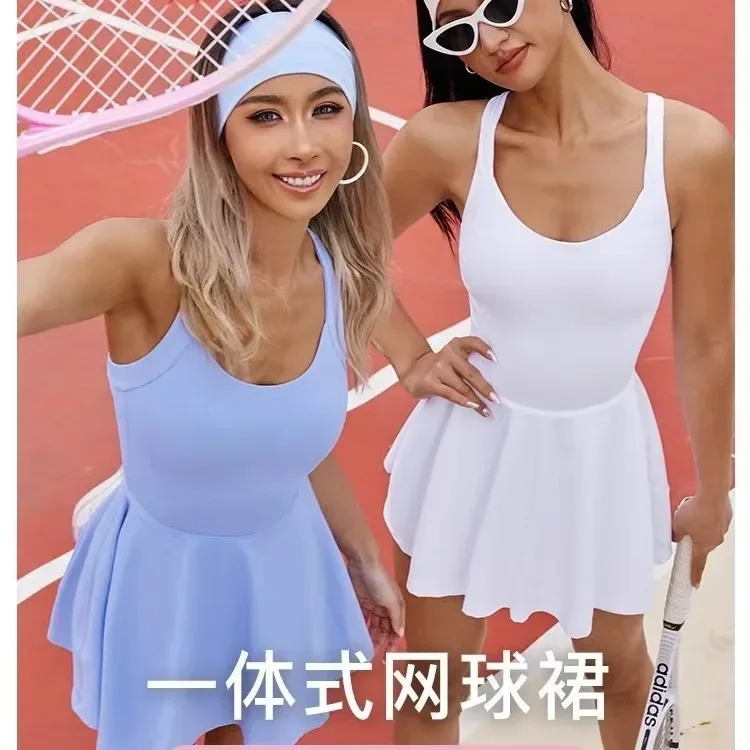 Women One-Piece Beauty Back Yoga Dress Suit Workout Tracksuit Gym Jumpsuits Fitness Sports Sportswear Golf Tennis Pleated Skirt