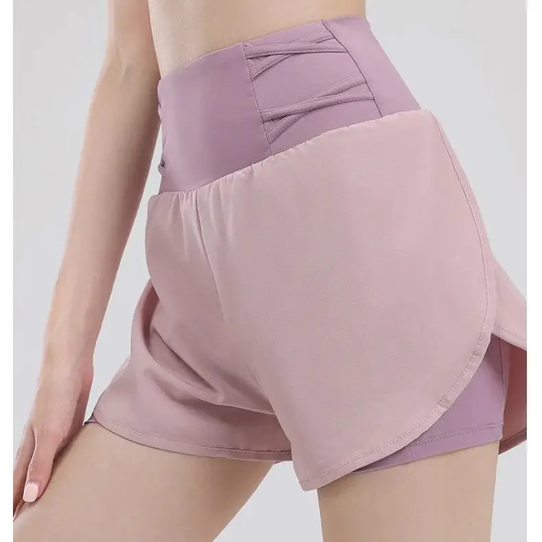 Sports Shorts Women Slim Quick Dry Running Fitness Fake Two Pieces Anti-Glare Breathable High Waist Yoga Pants Bottom Pants Gym