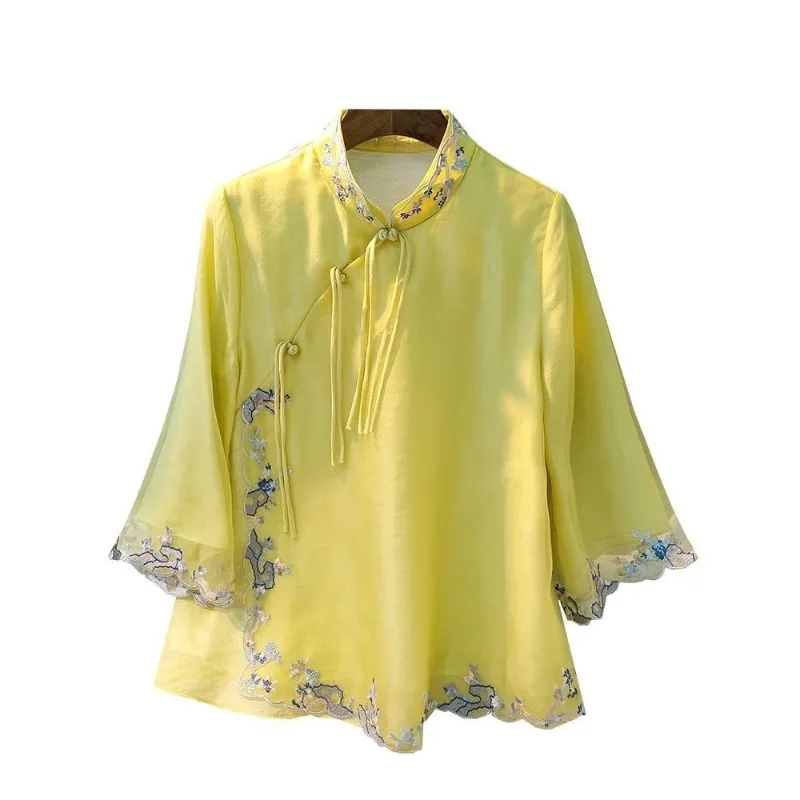 Spring Autumn Fashion Standing Collar Chinese Style Embroidered Blouse Short Retro Hanfu Trendy Loose Clothing Women's Shirts
