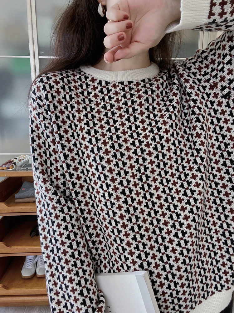 

Senior sense 100% pure wool vintage jacquard sweater women autumn winter loose languid style design sense 2022 new style