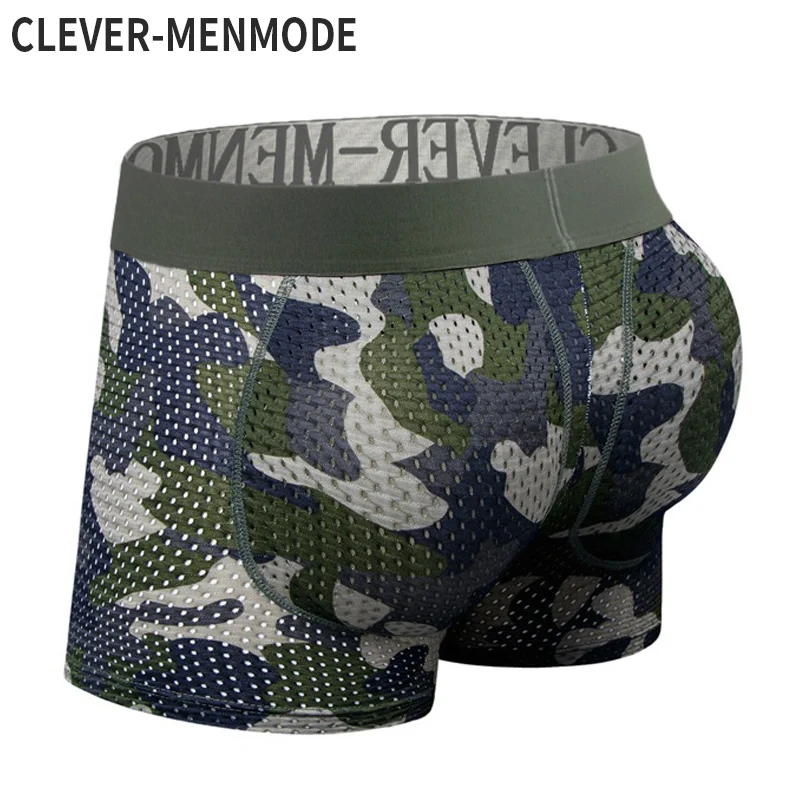 CLEVER-MENMODE Enlarge Butt Push Up Pad Padded Underwear Mesh Boxer Buttocks Lifter Sexy Panties Men Boxershorts Penis Pouch Und sexy men butt lifter briefs panties padded push up lifting buttocks underwear male removable cup underpant with butt pads briefs