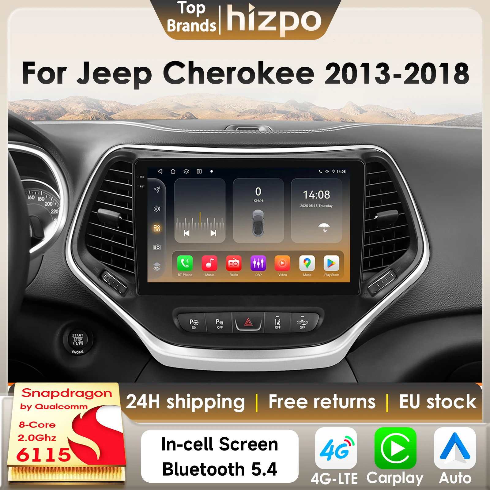 Autoradio Hizpo 8Core 2Din Android 14 para Jeep Cherokee 2013-2018 GPS Multimedia para coche 4G DSP Carplay de Qualcomm Snapdragon 6115 1