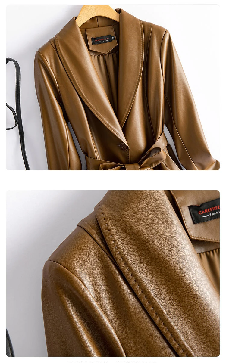 FANIECES Plus Size M-4XL PU Leather Long Trench Coat For