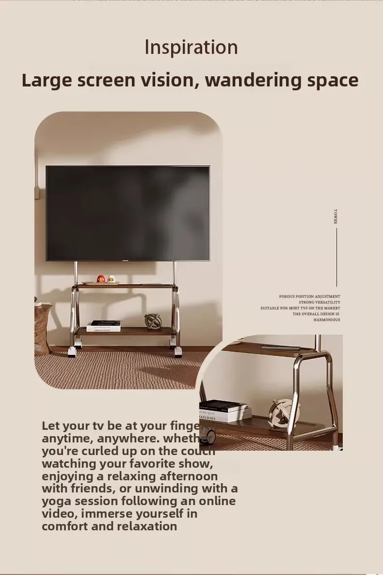 Stainless Steel TV Stand with Silent Wheels Mobile Floor Stand Universal for 55/65/75 Inch TVs Living Room Rolling Cart Mount