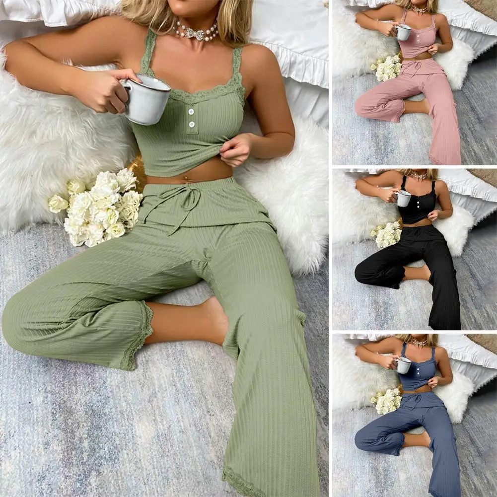 Sleeveless Pajamas Women's Summer Pajamas Set with Low-cut V Neck Tank Top High Elastic Waist Trousers Solid Color Homewear Suit summer elegant sexy plaid jumpsuits women sleeveless lattice loose trousers wide leg pants rompers holiday backless overalls