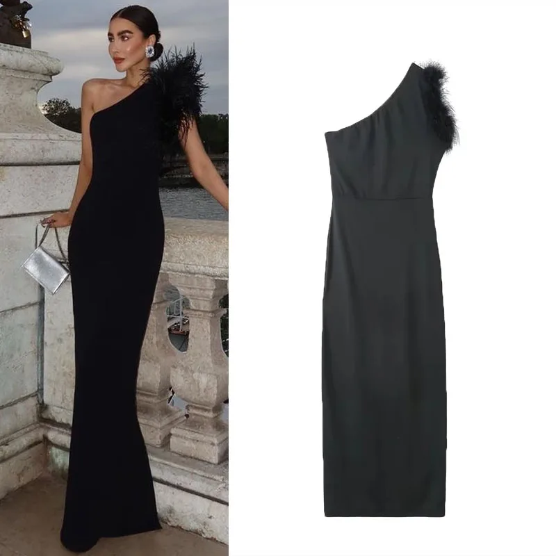 

TRAF Elegant One Shoulder Feather Dress Women Slim Sleeveless Robe Dresses Lady Sexy Evening Party Vestido Asymmetric Long Dress