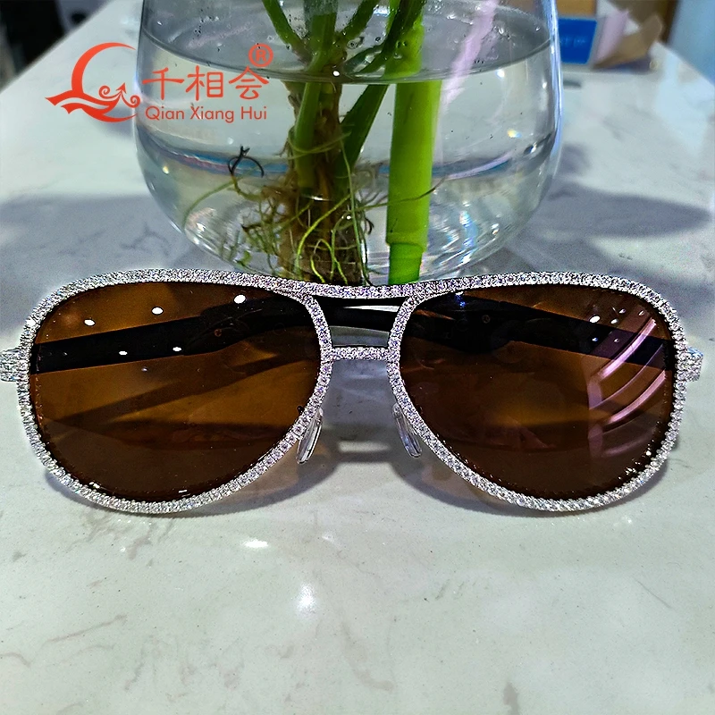 full white moissanite silver Fashion Sunglasses Woman men Vintage Designer brown Glasses Sun Glasses Big Frame Cool Sexy Female