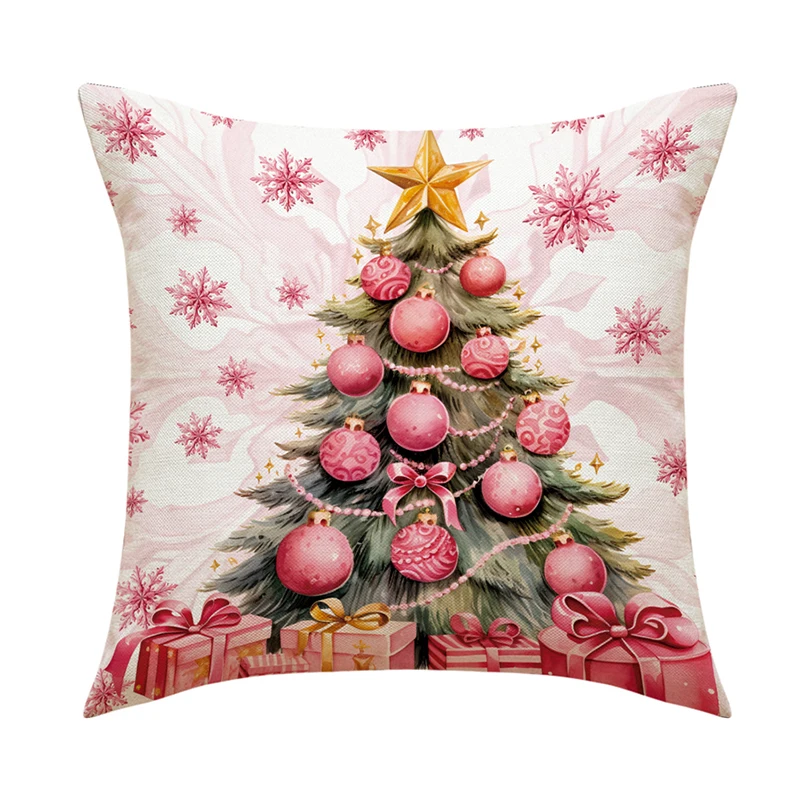 thumbnail image 1 of Funda de almohada de lino con diseño de Feliz Navidad, 45 x 45 cm, decoración navideña de invierno para el hogar, funda de cojín con diseño de árbol y ciervo para sofá, 1 of 5