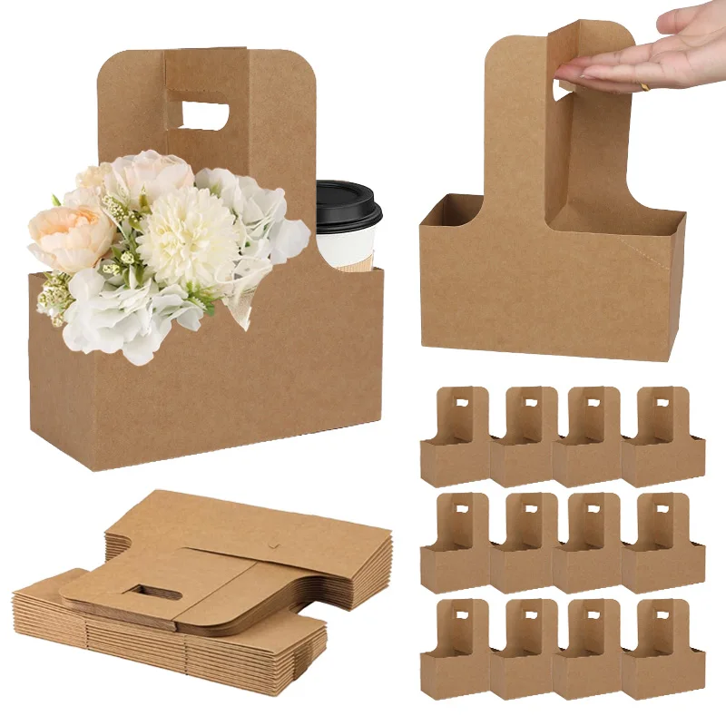 1PCS Faltbare Blume Verpackung Boxen Verdickung Kraft Papier hand Blume Box Milch Tee Kaffee Takeaway hand Tasse Halter – Detail 7