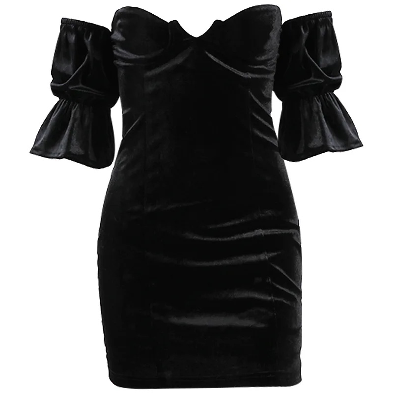

Women's Ins Sexy Line Neck Slim-fit Waist Suede Horn Sleeve Wrapped Chest Hepburn Style Dress Dress for Women Slim Polyester
