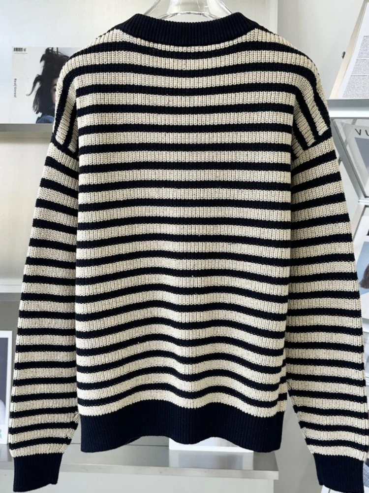 

Round Neck Striped Sequined Cotton Knitted Long-sleeved 2023 New Autumn and Winter Loose Sequined Pullover Sweater