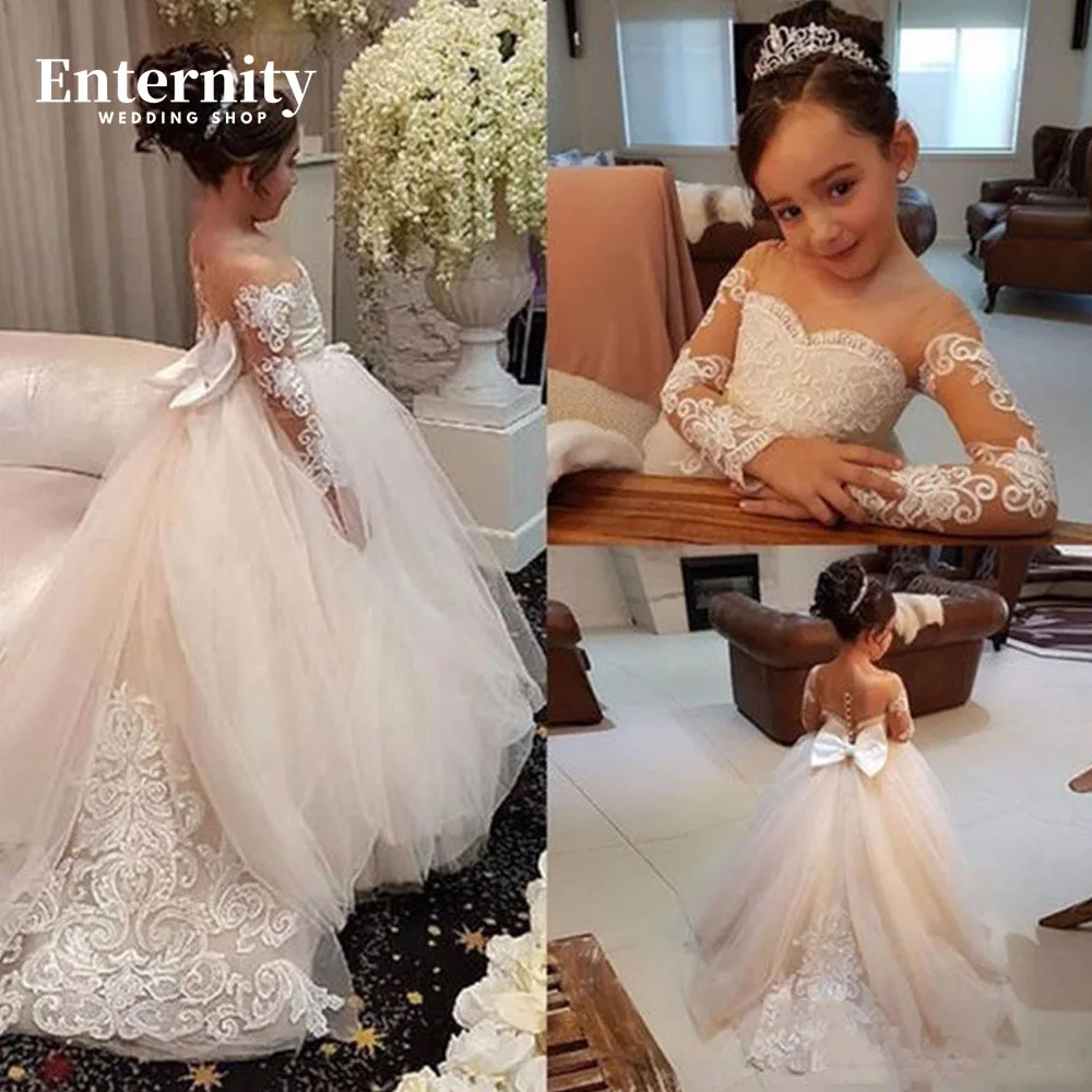 

Princess Girls Dress A-line Flower Waist Long Sleeve Flower Girl Dress Sweep Train Illusion Back Sequin Vestidos Para Niñas